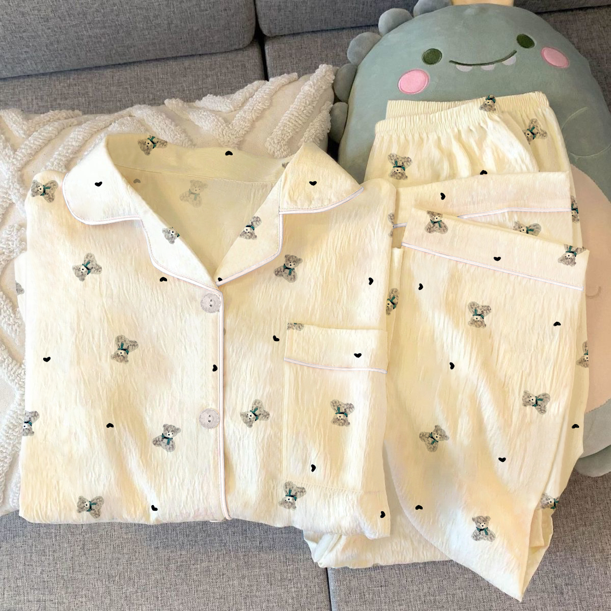 日系休闲简约爱心印花睡衣女卡通小熊清新可爱皱布长袖家居服套装