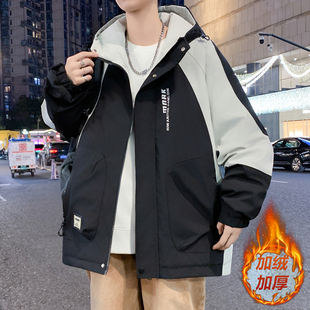 秋冬款加绒外套男孩初中学生加厚冲锋衣青少年大童冬装夹克棉服潮