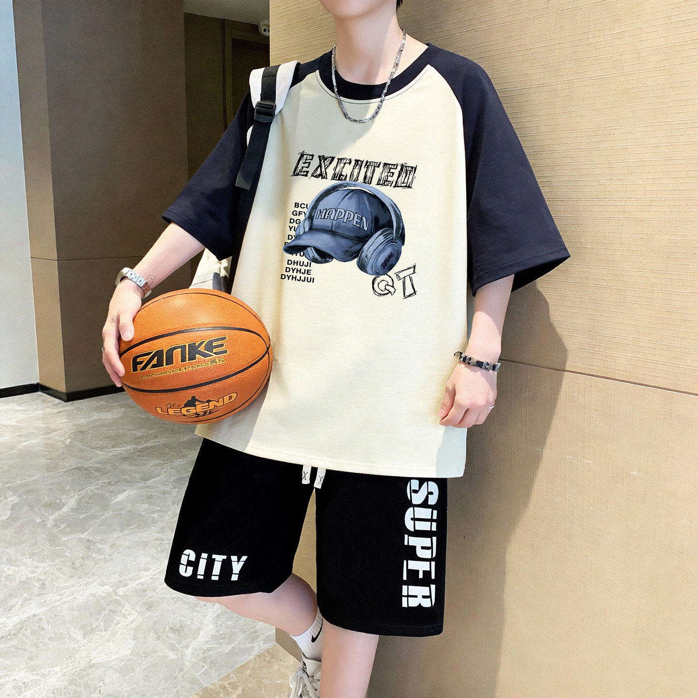 休闲运动套装男孩夏季纯棉短袖短裤青少年初中学生潮牌衣服两件套