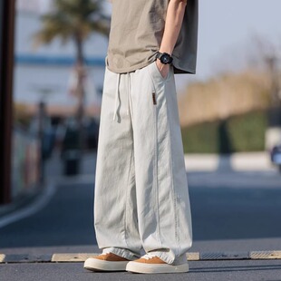 夏季薄款纯棉裤子男初中高中学生青少年帅气大童宽松直筒休闲长裤