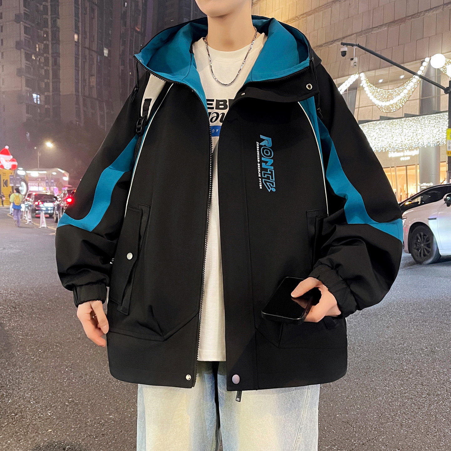 春秋季冲锋衣外套男初中高中学生潮牌帅气夹克青少年大童宽松褂子