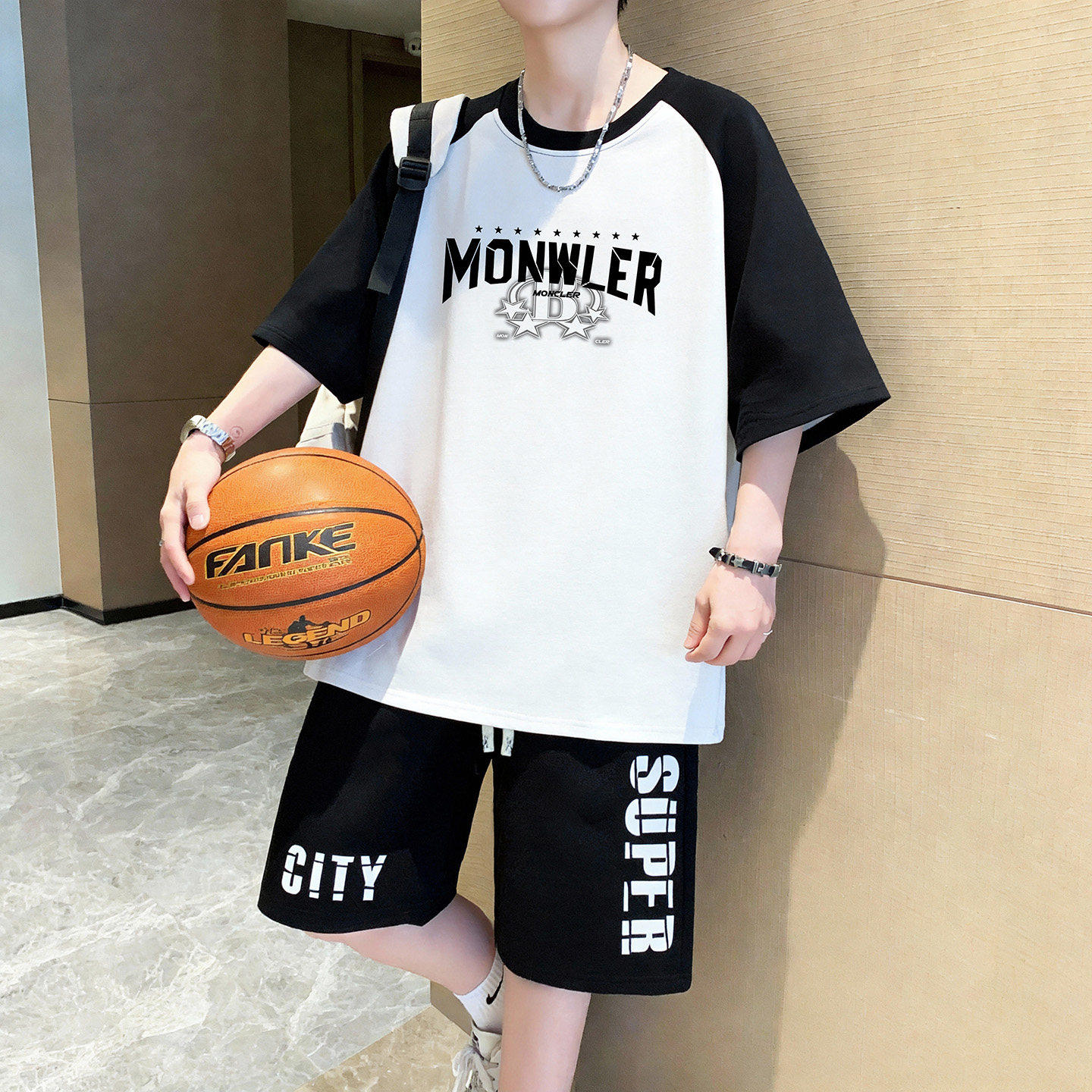 休闲运动套装男孩夏季纯棉短袖短裤青少年初中学生潮牌衣服两件套