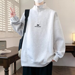 春秋款立领卫衣男孩初中学生长袖t恤青少年大童半拉链打底衫上衣