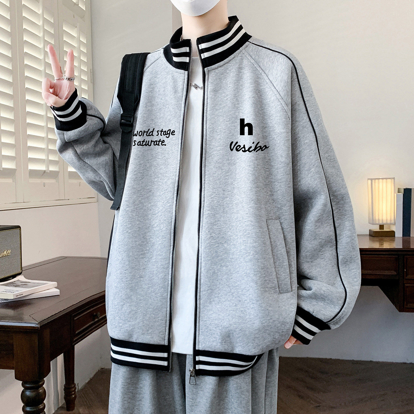 春秋款立领开衫卫衣男孩初中学生帅气宽松外套青少年大童潮流上衣