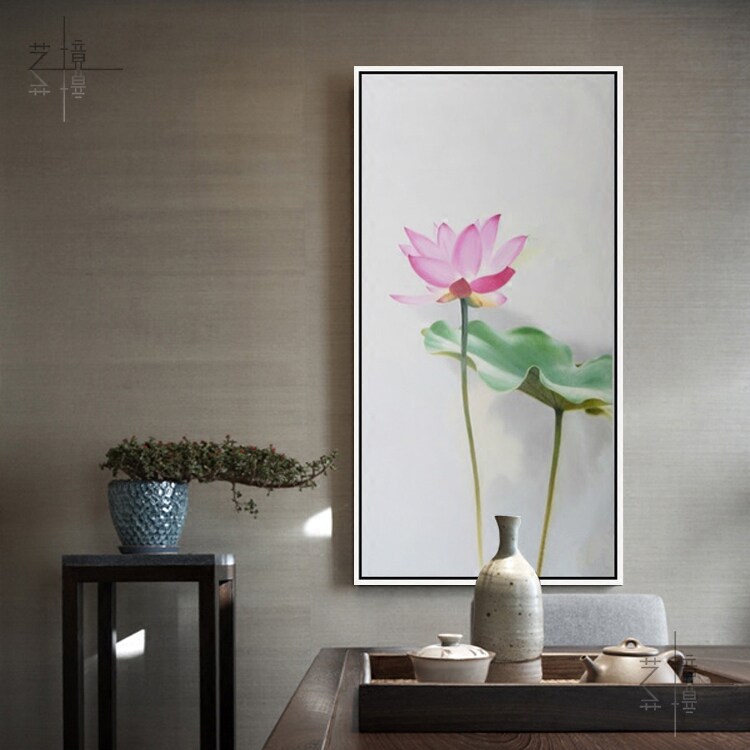 手绘入户玄关装饰画油画荷花中式