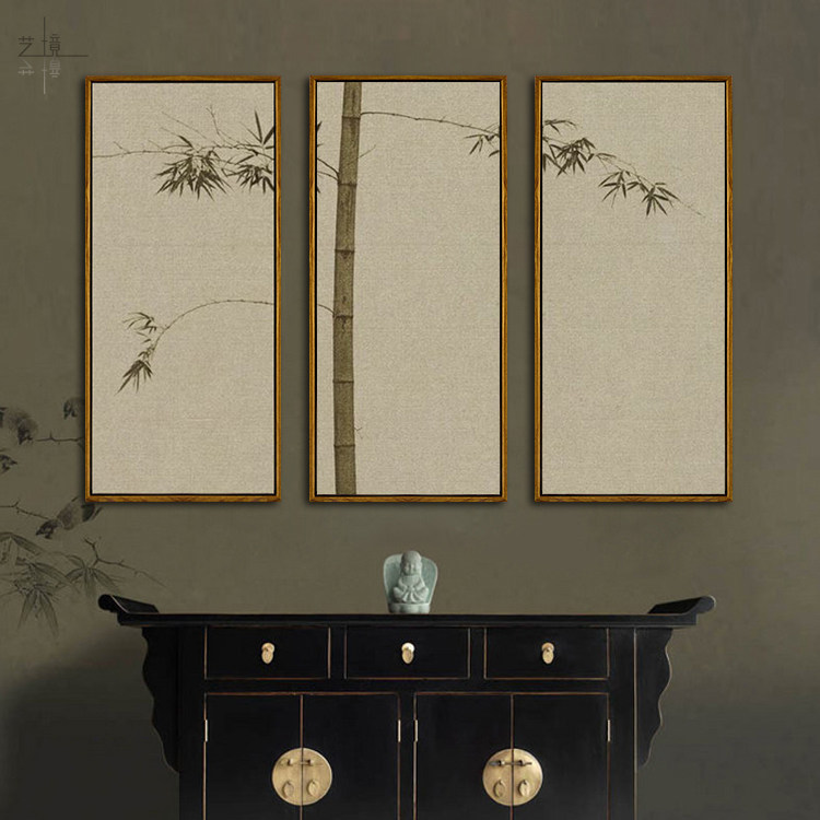 竹影写意水墨画 客厅禅意装饰画三条屏 茶室书房玄关挂画竖版