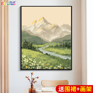 山水数字油画diy填充新中式 风景填色画装 包邮 新疆 饰手工成人涂色