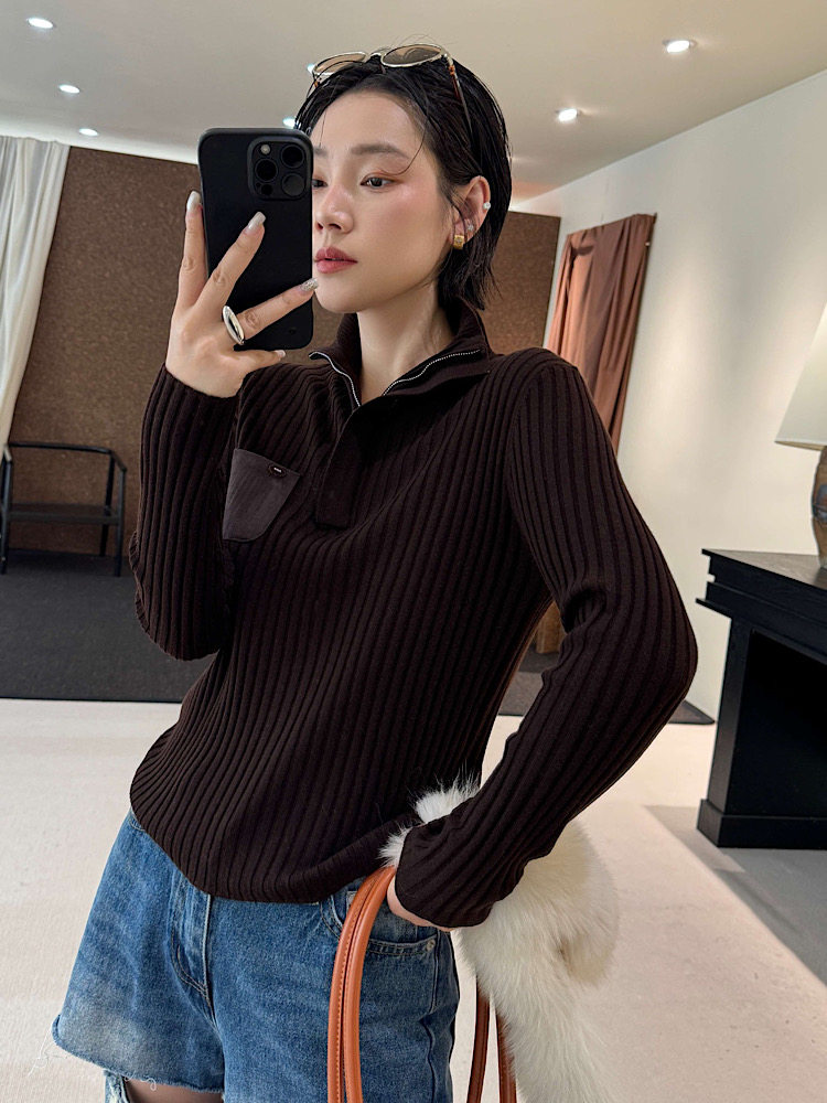 韩系拉链半高领柔软细毛衣女修身竖坑针织打底衫口袋秋季新款6099