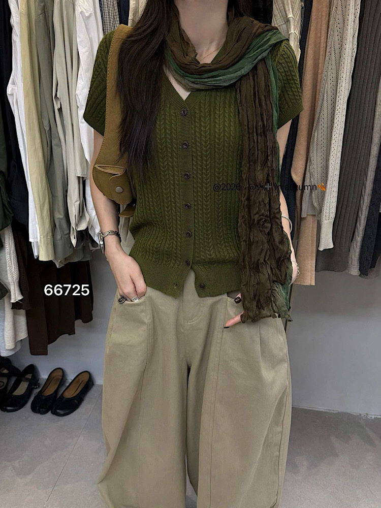 高级柔软配围巾短袖巴素兰羊毛衣开衫女修身小个子麻花秋季新6725