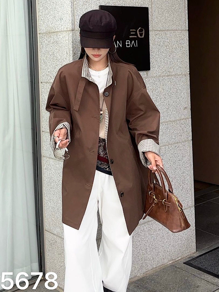 韩系高级柔软纯棉中长款风衣外套女宽松休闲立领设计秋季新款5678