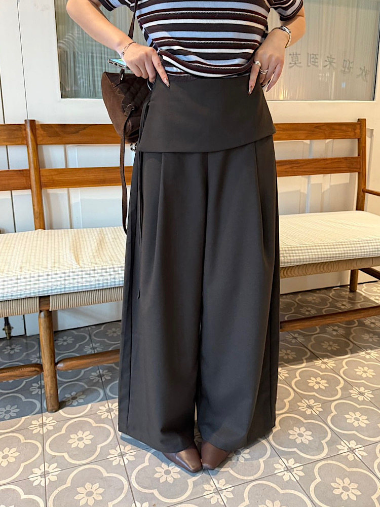 韩系高级莱赛尔亚麻假两件绑带屁帘裤女宽松西装阔腿秋季新款6758