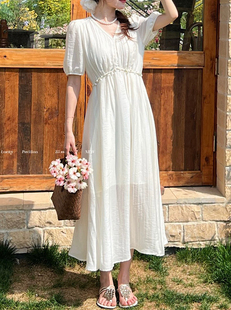 高级柔软莱赛尔天丝连衣裙8202洋气珍珠腰链百褶修身女2025夏季