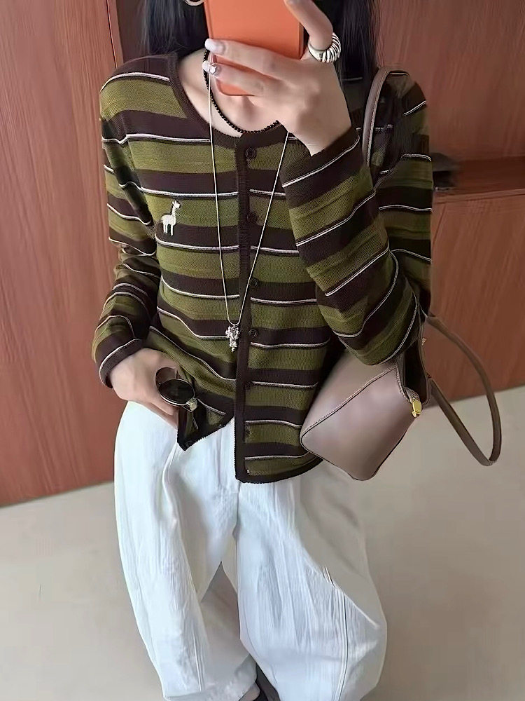 韩系高级柔软细羊毛衣开衫女宽松动物刺绣条纹针织衫秋季新款6058