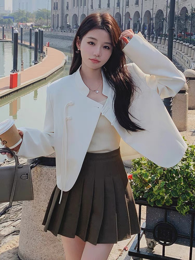 韩版MeiLi188设计感立领国风中式短款西装外套女小个子2025春季