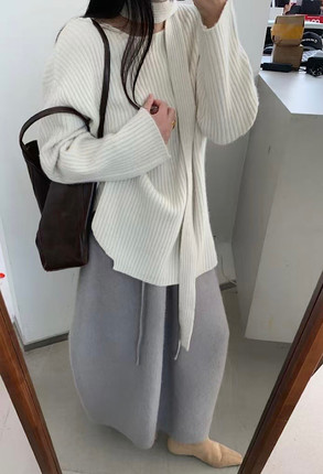 高品质加厚软糯飘带浣熊绒毛衣3835洋气坑条宽松设计感女2024冬季