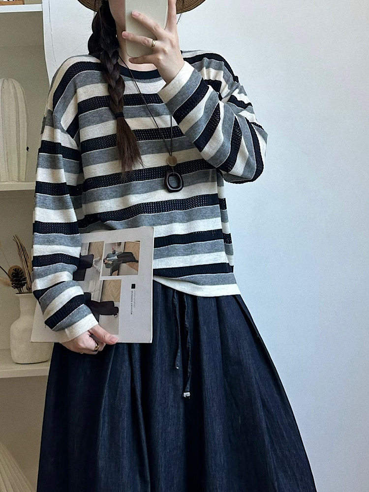 韩系高级柔软细羊毛衣女宽松镂空小众设计慵懒风条纹秋季新款6087