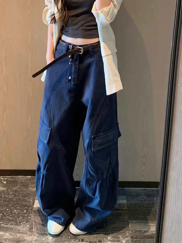 韩系纯棉弯刀阔腿牛仔工装长裤女高腰宽松显瘦休闲茧型秋季新1302