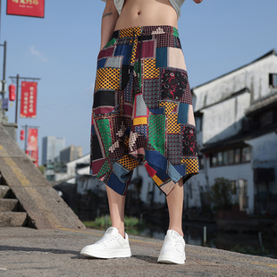 灯笼裤男宽松新中式七分裤男夏季宽松印花休闲胖子大码泰国大裆裤