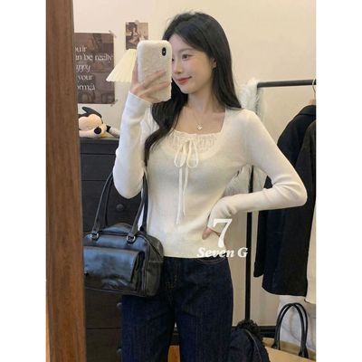 7 SEVEN G-风假两件针织衫内搭女士纯色打底衫胸前抽绳褶皱针织衫