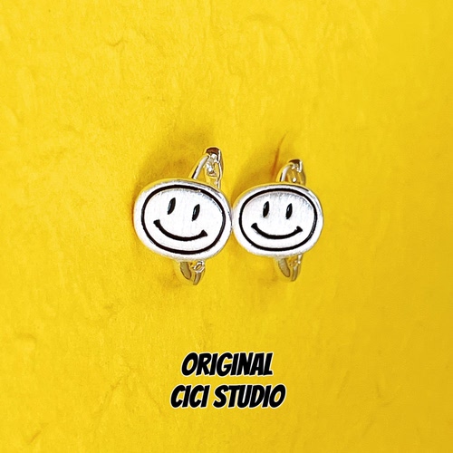 CICI STUDIO小众设计甜酷个性创意素银笑脸耳钉耳环朋克中性耳圈