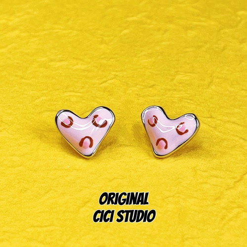 CICI STUDIO小众精工粉色爱心豹纹耳钉女甜酷多巴胺Y2K高级感耳环