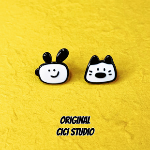 CICI小众设计甜酷少女韩国漫画小狗猫咪耳钉黑白百搭ins耳环耳钉