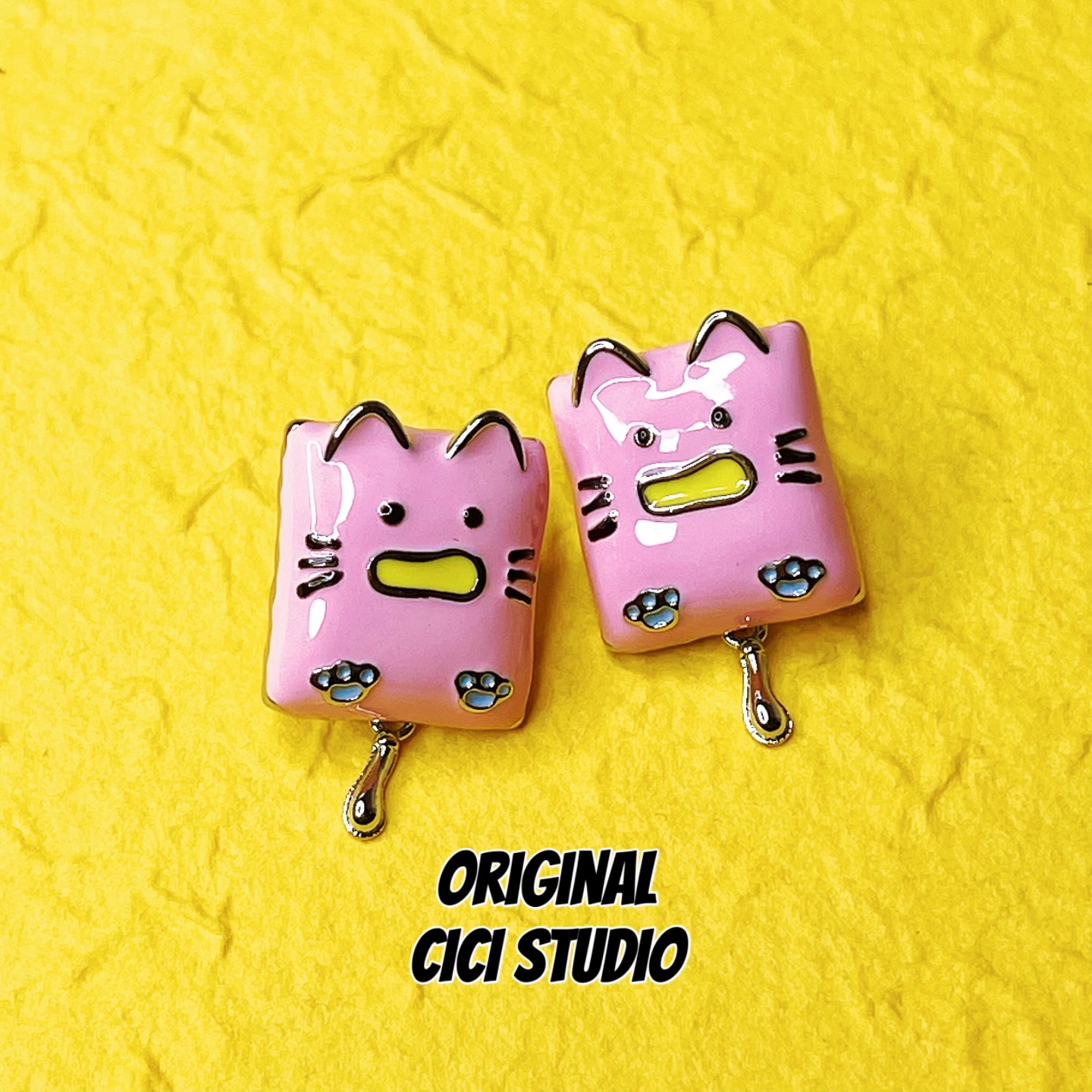 CICI STUDIO小众精工滴油粉色猫咪方形耳钉女甜酷多巴胺Y2K耳环