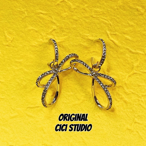 CICI STUDIO小众高级精工镶钻枪色蝴蝶结耳钉女欧美大气耳饰耳环