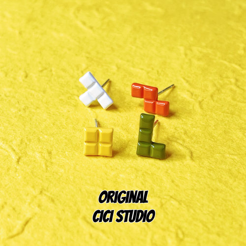 CICISTUDIO小众设计复古像素俄罗斯方块耳钉积木玩具个性迷你耳饰