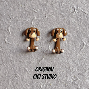 CICISTUDIO设计可爱棕色腊肠小狗耳钉女卡通萌趣分体式 耳环耳饰