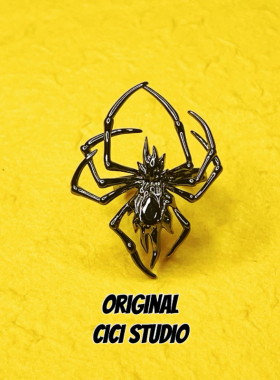 CICI怪诞创意黑枪色蜘蛛戒指个性小众暗黑艺术万圣节配饰开口戒指