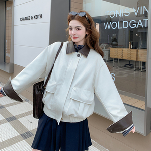 白色麂皮撞色翻领短外套女2026春季 B127A-6739-P165K268图片