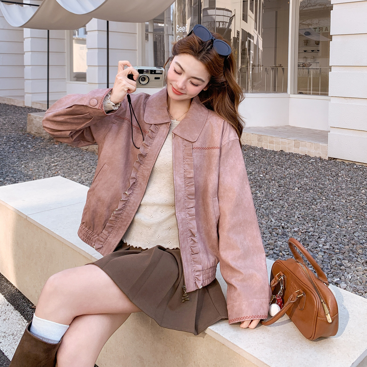 粉色木耳边PU皮外套2026春季女时尚韩系B127A-6730-P150K248，女装皮衣，浙宝127A