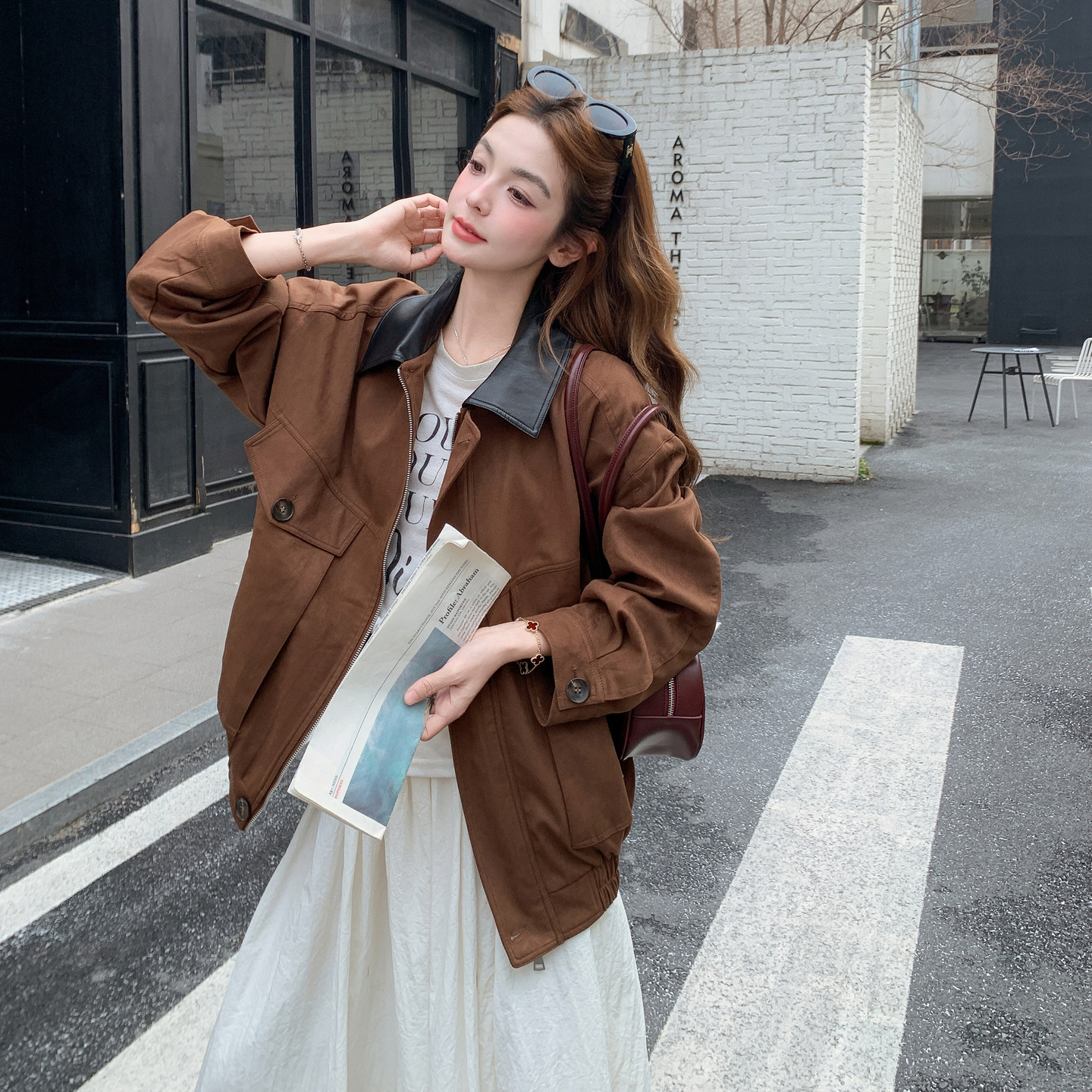 棕色复古拼皮撞色麂皮绒外套女2026春季B127A-6750-P165K268，女装短外套，浙宝127A