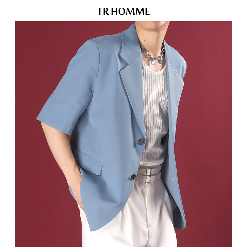 TR HOMME 莫兰迪色西装上衣男短袖宽松男士高级蓝色西服外套ins潮