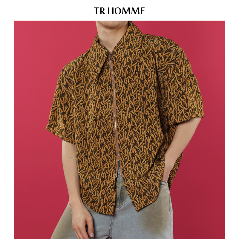 tr homme 春夏港风复古短袖衬衫男宽松拉链垂感半袖花衬衣男潮流
