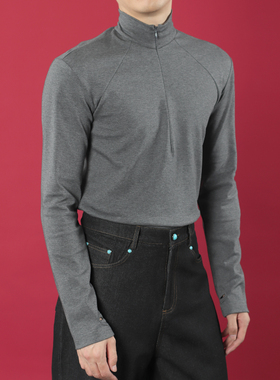 TR HOMME 秋季新贵时尚拉链高领长袖t恤男修身弹力纯色极简内搭男