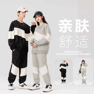 2024新款休闲运动圆领套头卫衣套装男女款春秋情侣上衣卫裤宽松大
