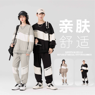 时尚休闲圆领套头卫衣套装男女款春秋情侣上衣卫裤宽松大码两件套