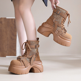 9cm厚底超高跟马丁靴女2025秋季 小个子增高显瘦系带机车短靴 新款