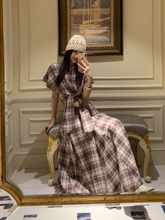 复古格纹套装裙女2026年春夏短袖上衣半身裙格子韩系两件套SMLxL