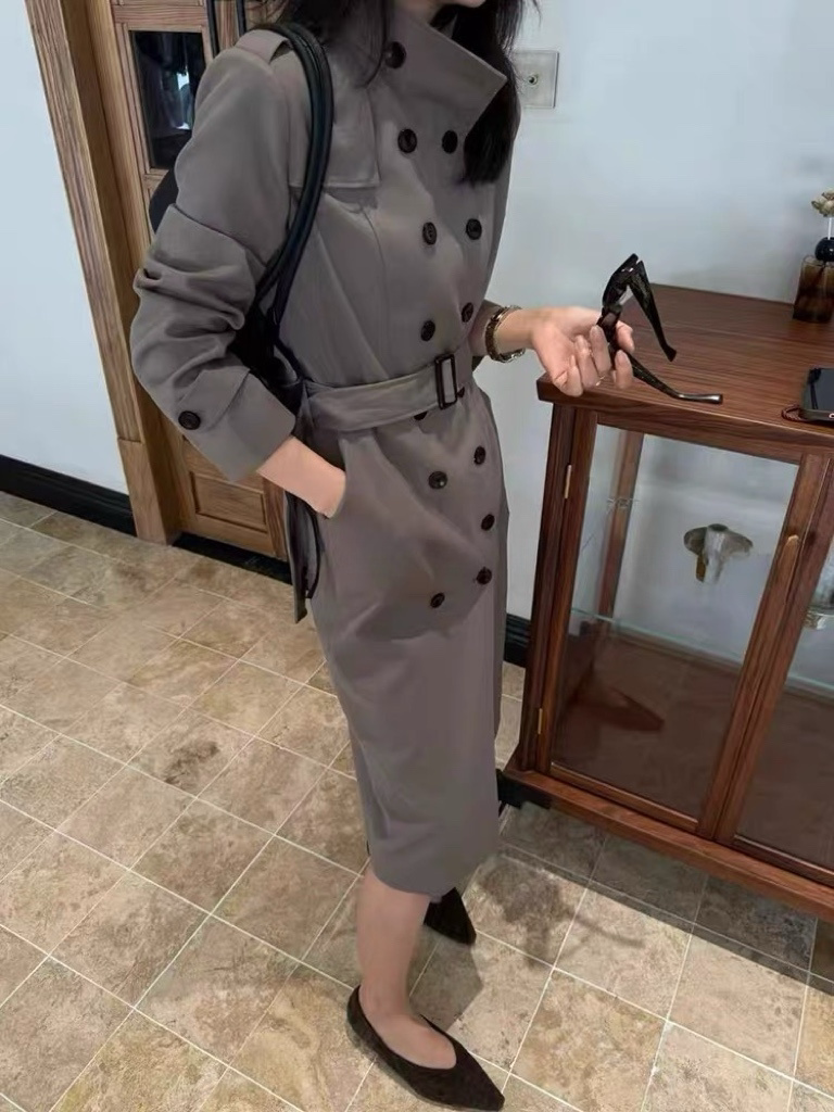 高级感羊毛风衣式长裙女士翻领肩章设计感系带收腰显瘦气质连衣裙