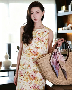 夏季新款天丝麻印花连衣裙女温柔风玫瑰图案无袖显瘦气质短款裙子