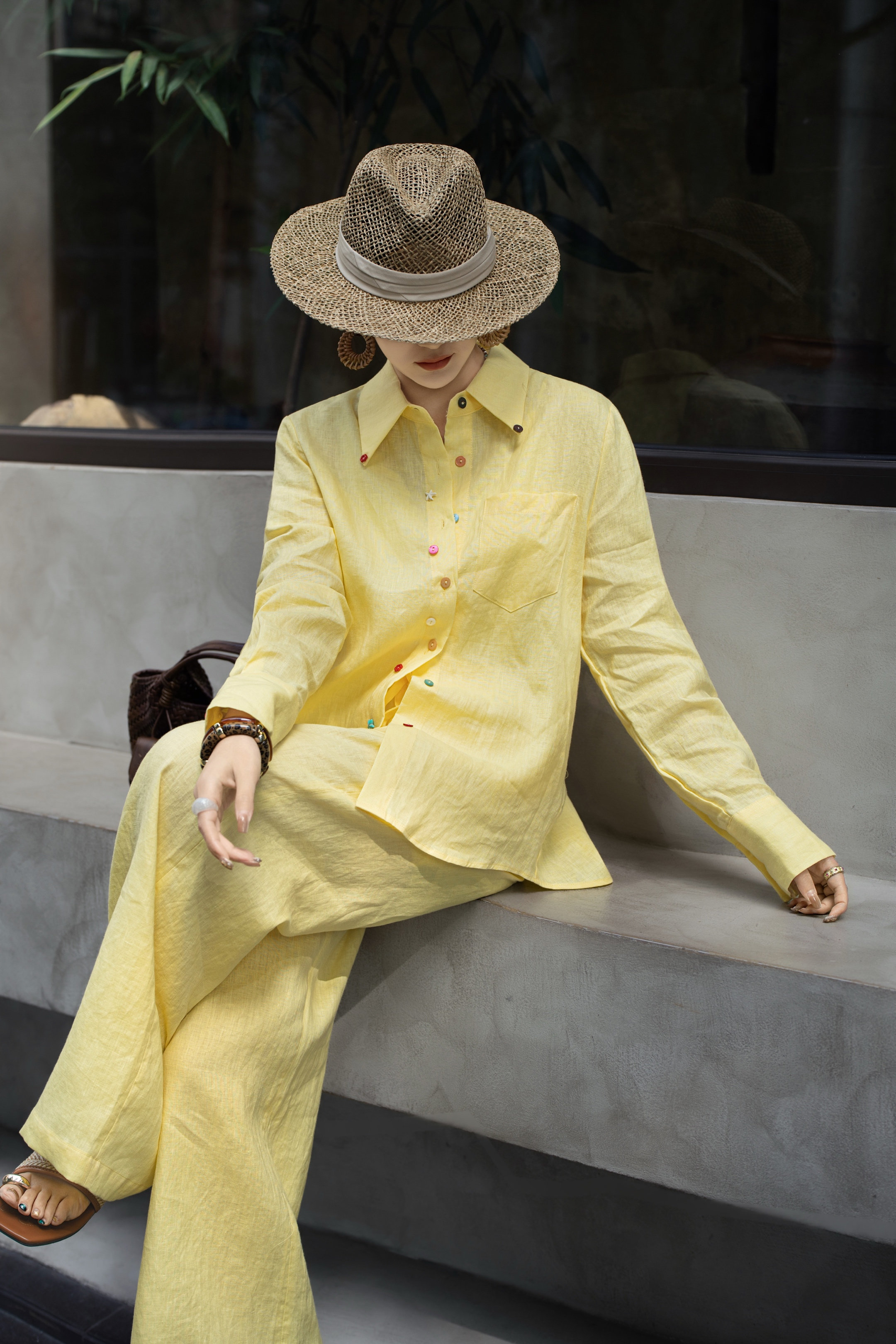 2026早春新款爆款亚麻彩色扣子衬衫女宽松显瘦百搭长袖上衣套装