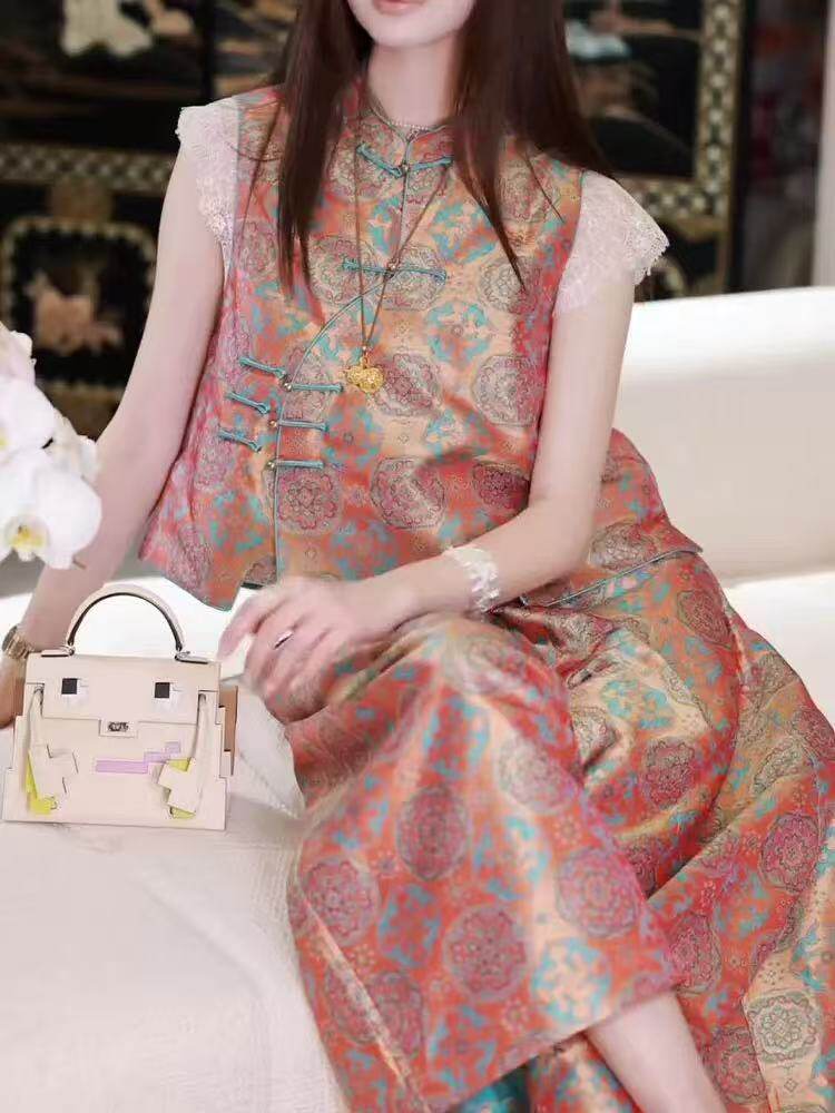 蜀锦套装2025夏季甜美新中式国风小香风印花马甲阔腿裤两件套装