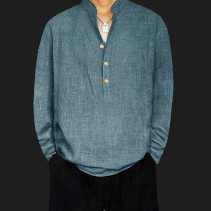 宽松立领肥佬麻杉长袖T恤男士肥佬潮大码胖子棉麻上衣夏薄款衣服