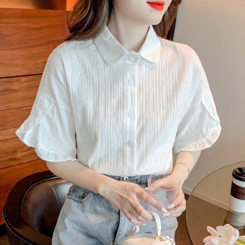 2026夏季纯棉荷叶边白衬衫女