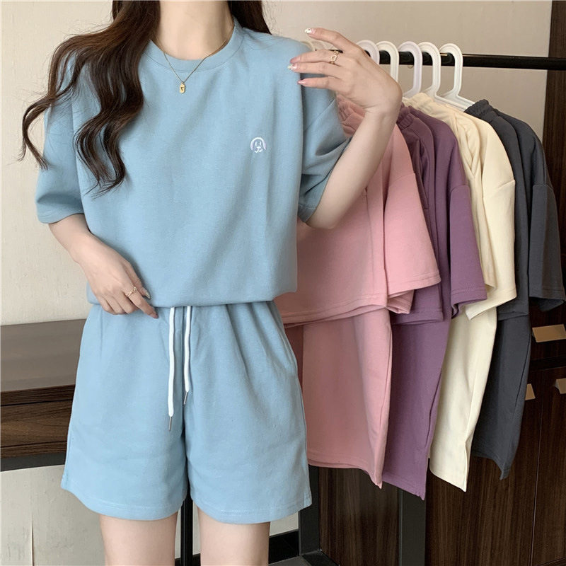 纯棉运动套装女夏季新款宽松显瘦短袖短裤休闲学生跑步服两件套潮