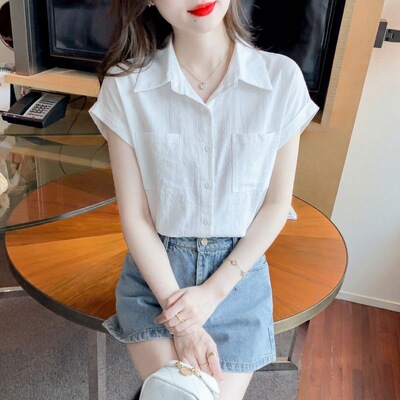 夏季小个子POLO领白色衬衫女减龄