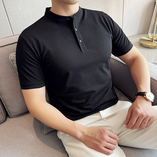 新款 Polo衫 夏季 痞帅健身男半截袖 大码 青年男士 亨利领纯色简约短袖
